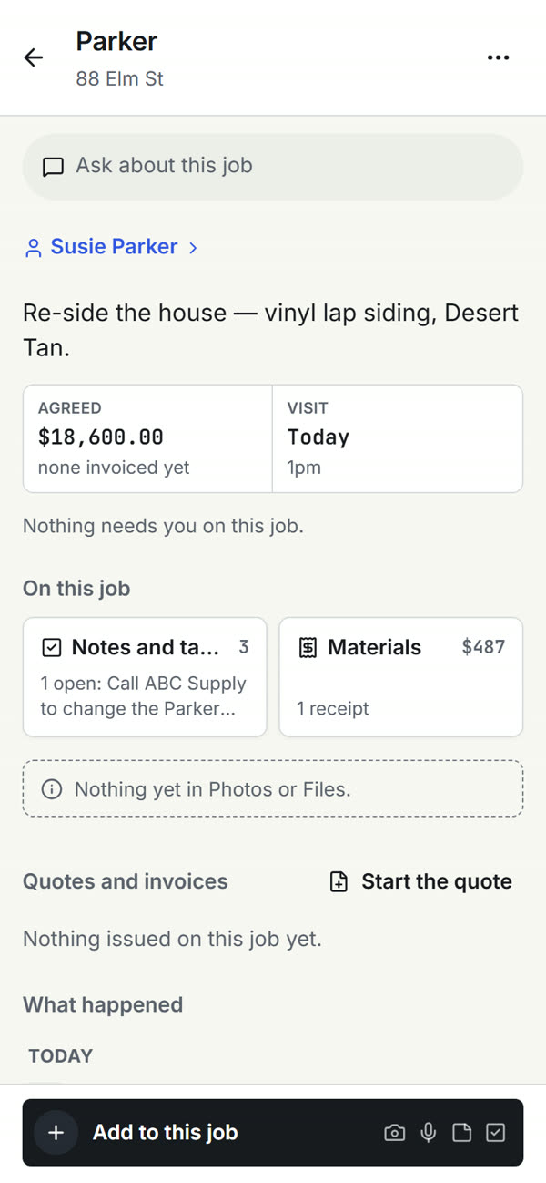 One job on the phone: the customer, what was agreed and what is left to invoice, today's visit, notes and tasks, materials so far, and a button to add a photo, voice note, file or task to the job.