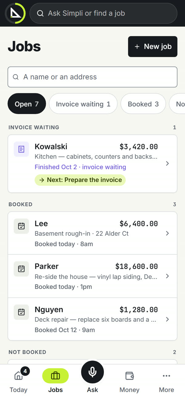 Jobs on the phone: a finished kitchen job with its invoice waiting and the next step to prepare it, then three booked jobs with their dates and agreed amounts.